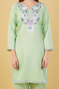 Kashmiri Aari embroidery Cotton Co-ord set Size-42 (Green)