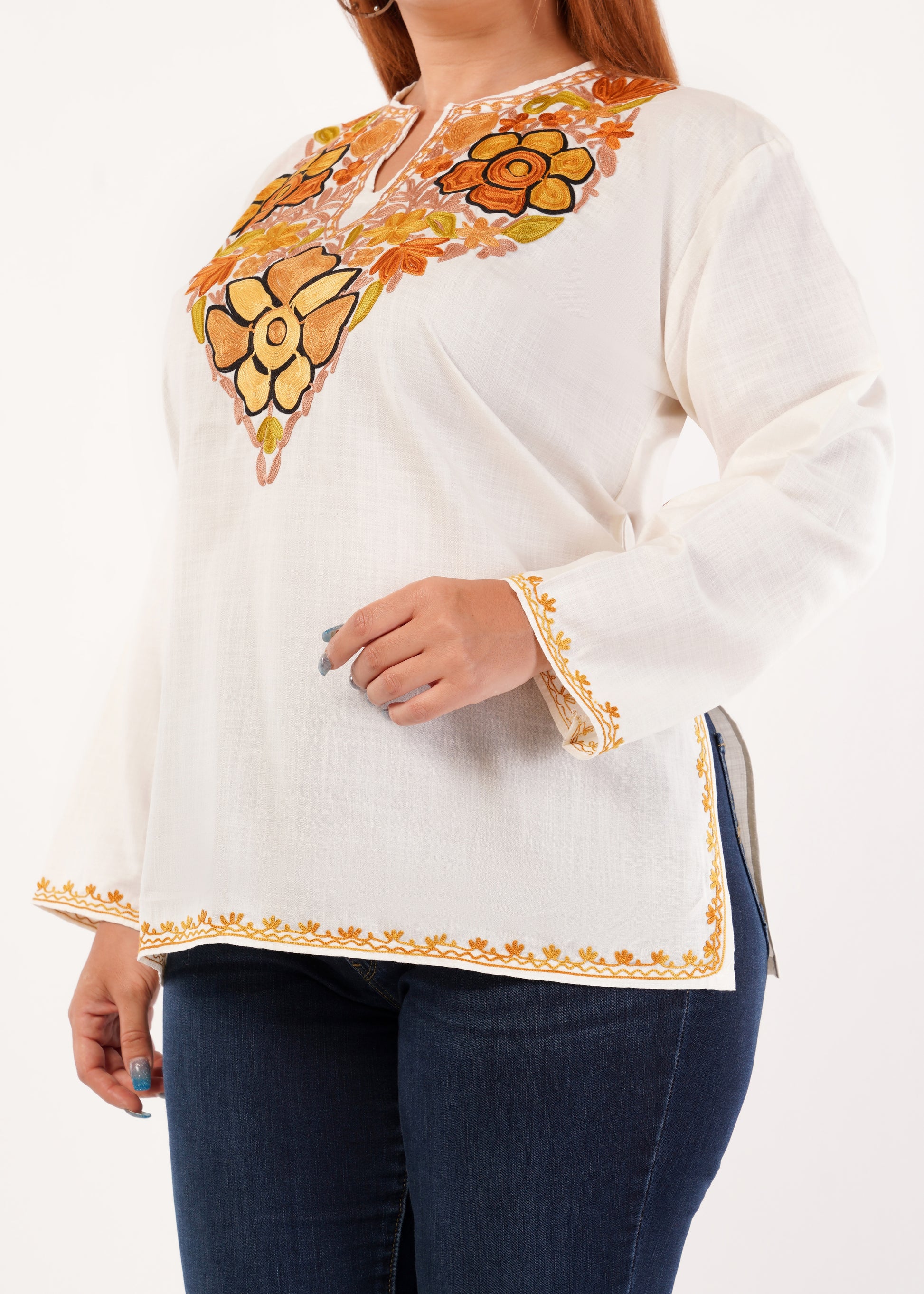 Kashmiri Aari embroidery Cotton Short Kurti Size-46 (White)