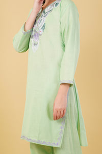 Kashmiri Aari embroidery Cotton Co-ord set Size-42 (Green)