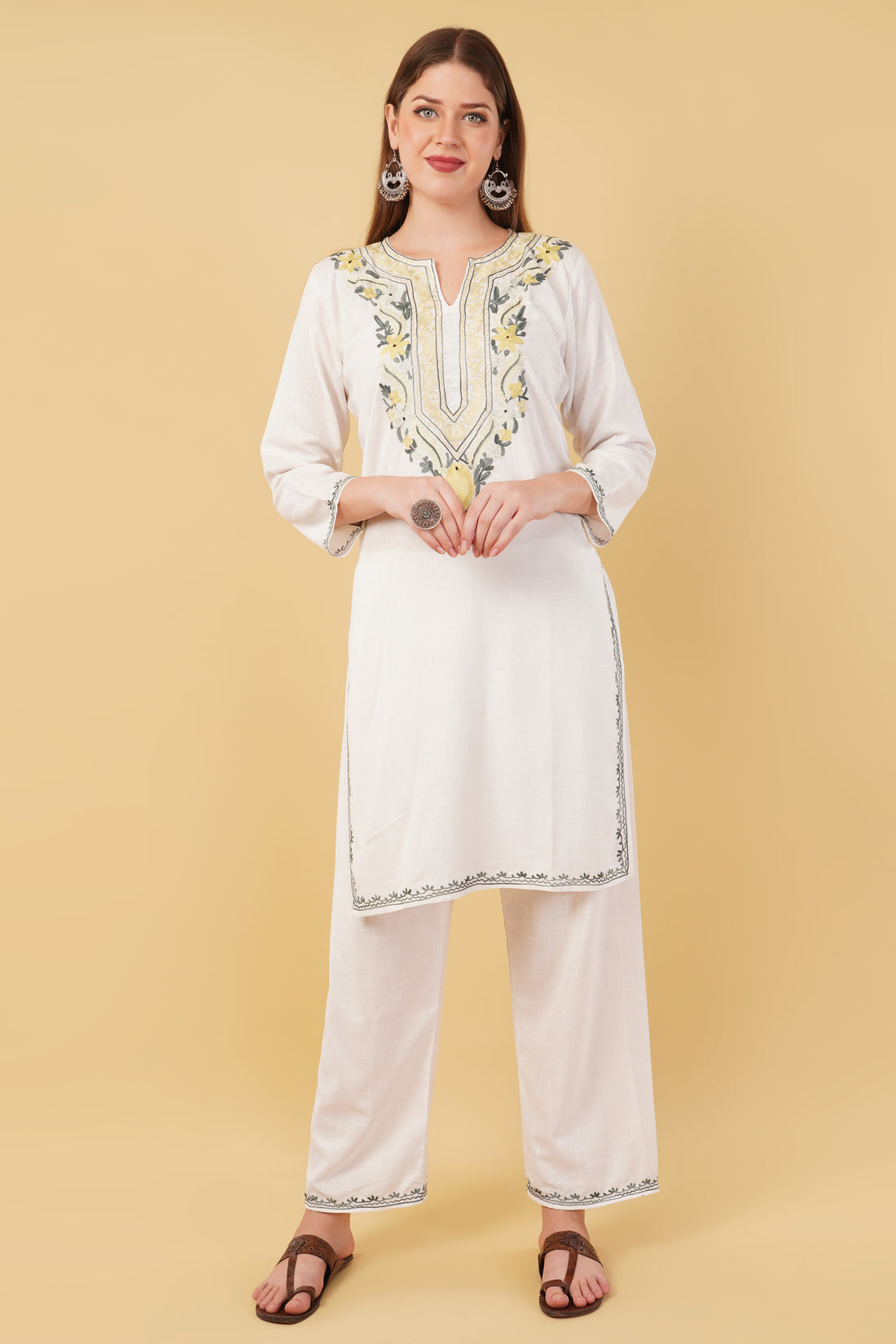 Kashmiri Aari embroidery Cotton Co-ord set Size-42 (White)