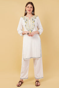 Kashmiri Aari embroidery Cotton Co-ord set Size-42 (White)