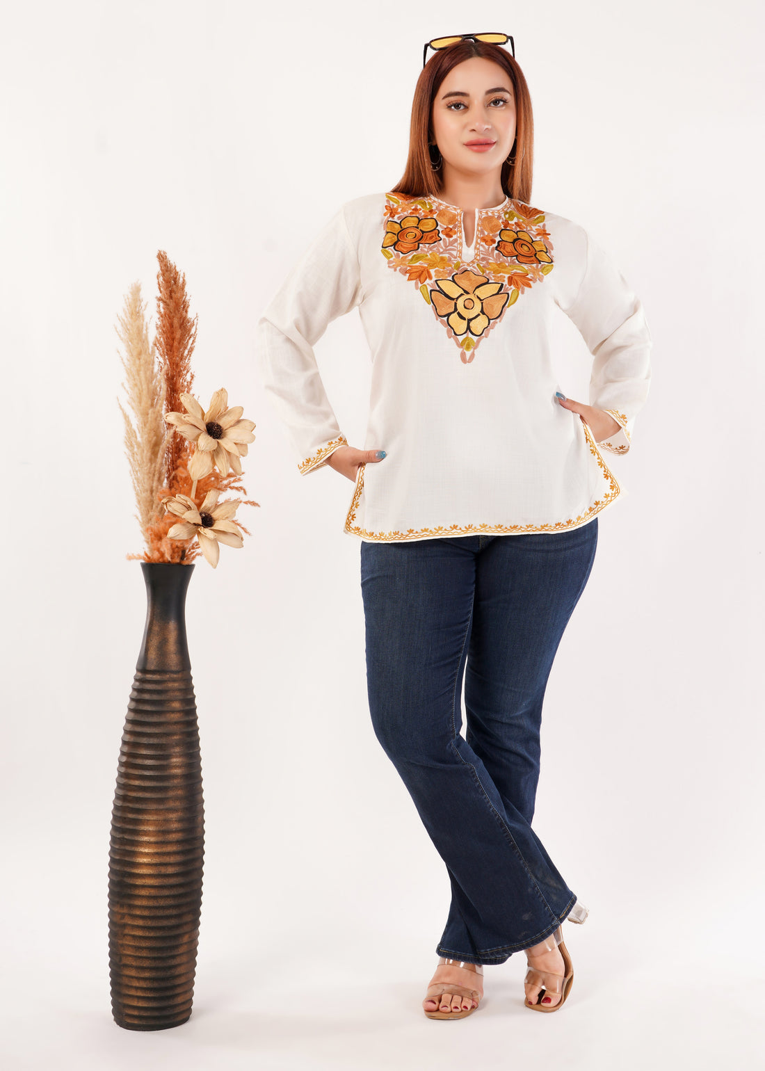 Kashmiri Aari embroidery Cotton Short Kurti Size-46 (White)