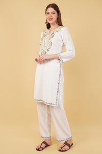 Kashmiri Aari embroidery Cotton Co-ord set Size-42 (White)