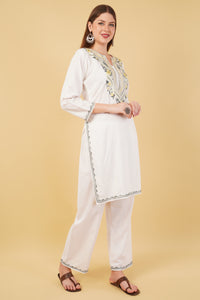 Kashmiri Aari embroidery Cotton Co-ord set Size-42 (White)