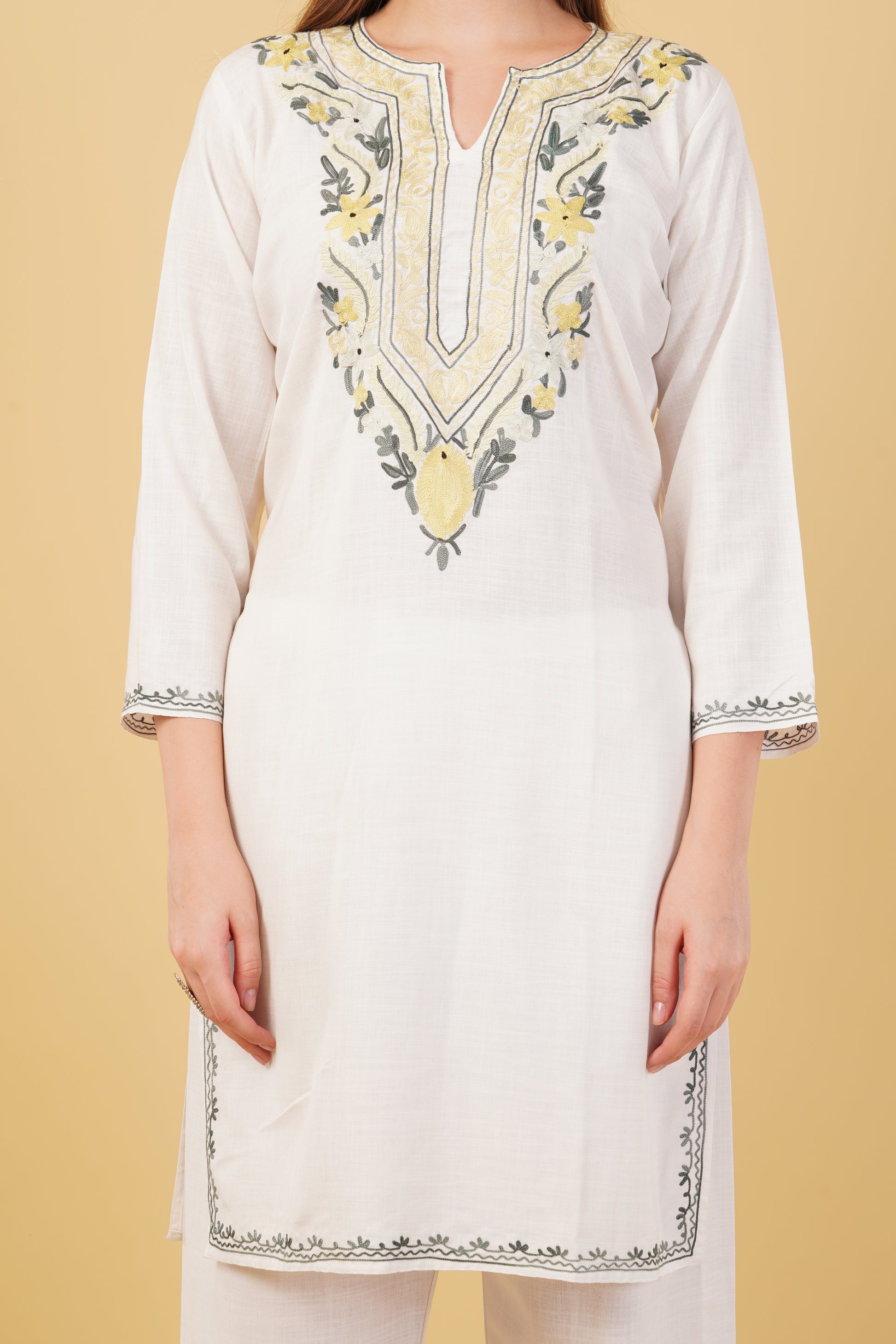 Kashmiri Aari embroidery Cotton Co-ord set Size-42 (White)