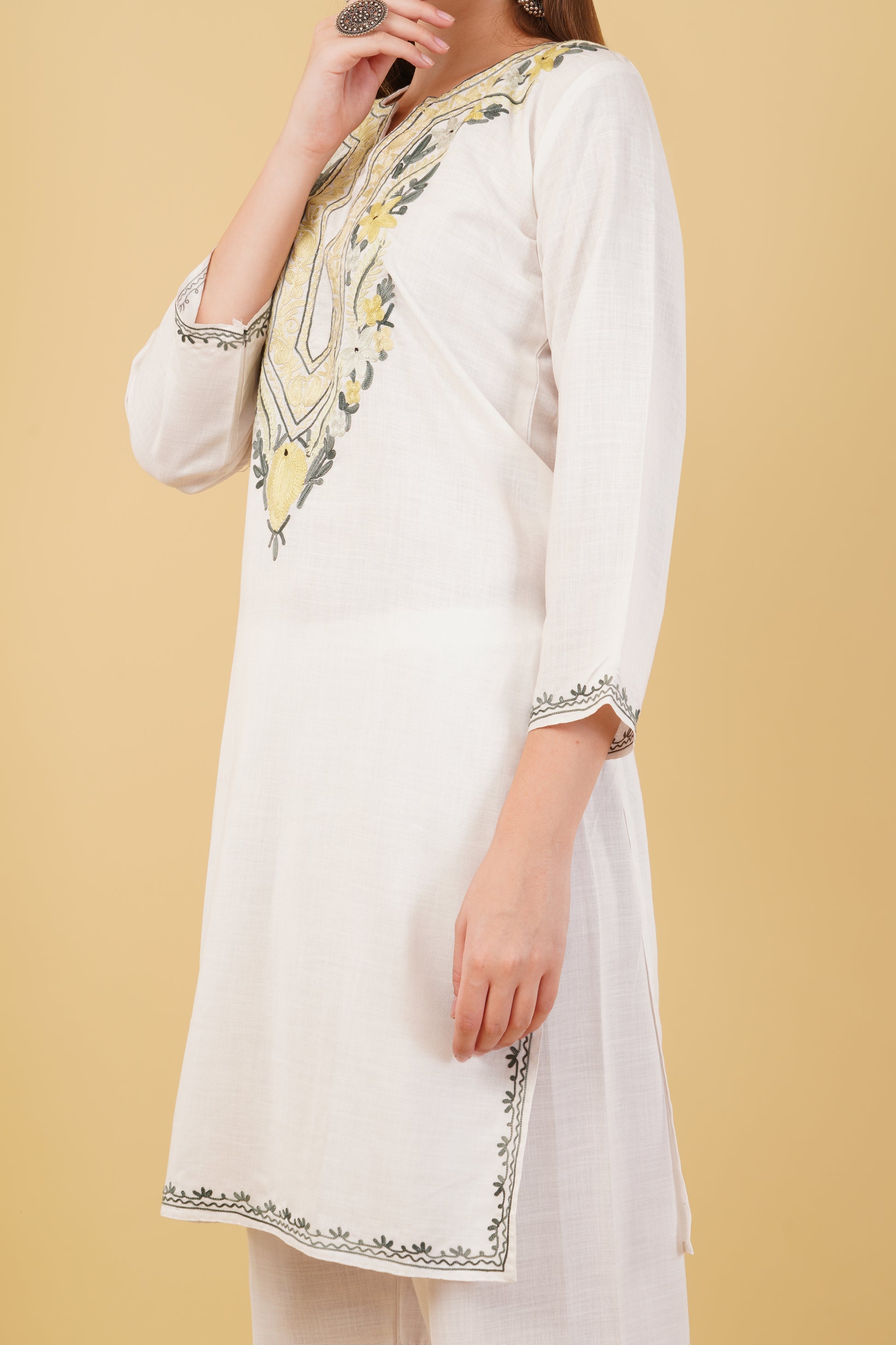 Kashmiri Aari embroidery Cotton Co-ord set Size-42 (White)