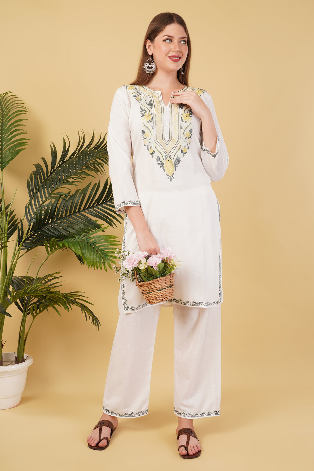 Kashmiri Aari embroidery Cotton Co-ord set Size-42 (White)