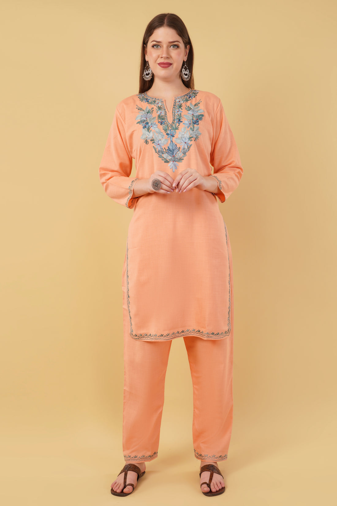 Kashmiri Aari embroidery Cotton Co-ord set Size-42 (Peach)