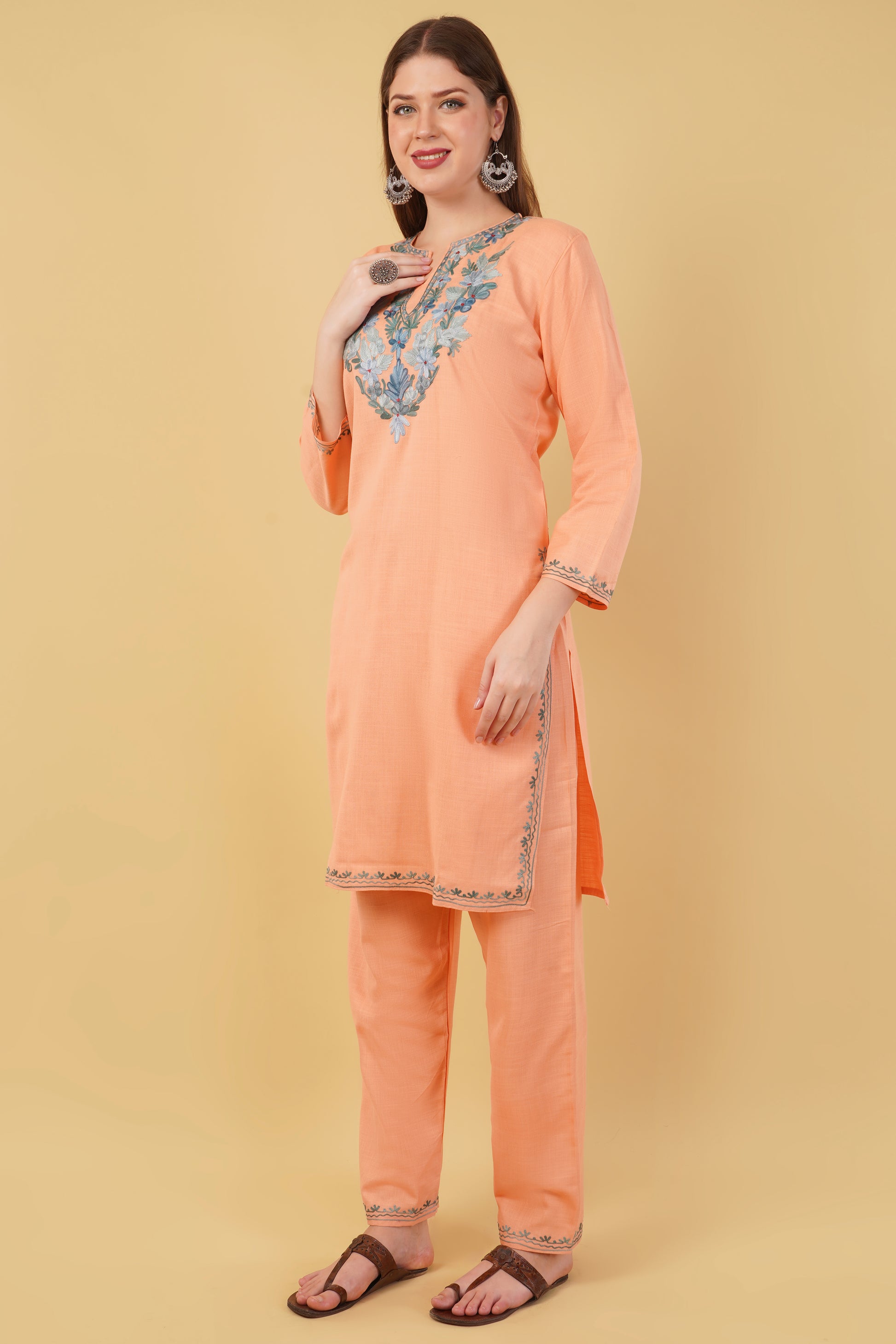 Kashmiri Aari embroidery Cotton Co-ord set Size-42 (Peach)
