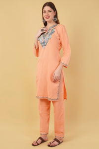 Kashmiri Aari embroidery Cotton Co-ord set Size-42 (Peach)