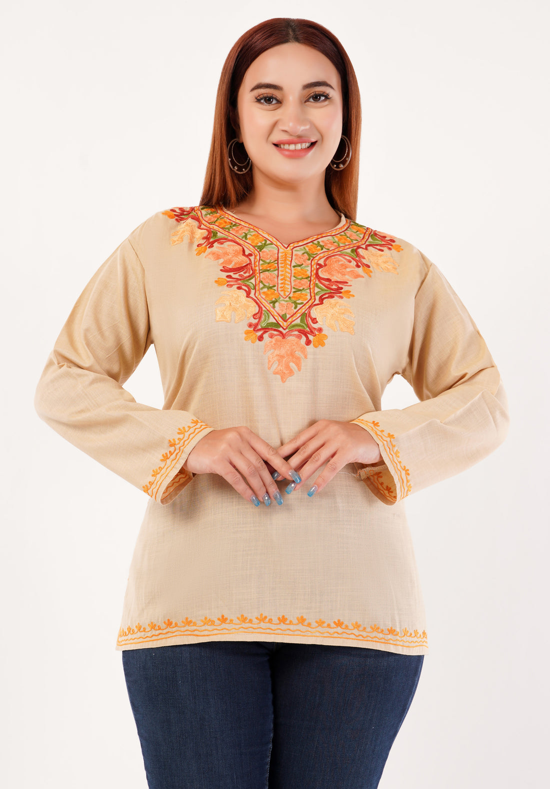 Kashmiri Aari embroidery Cotton Short Kurti Size-46 (Beige)