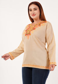 Kashmiri Aari embroidery Cotton Short Kurti Size-46 (Beige)