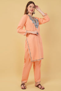 Kashmiri Aari embroidery Cotton Co-ord set Size-42 (Peach)