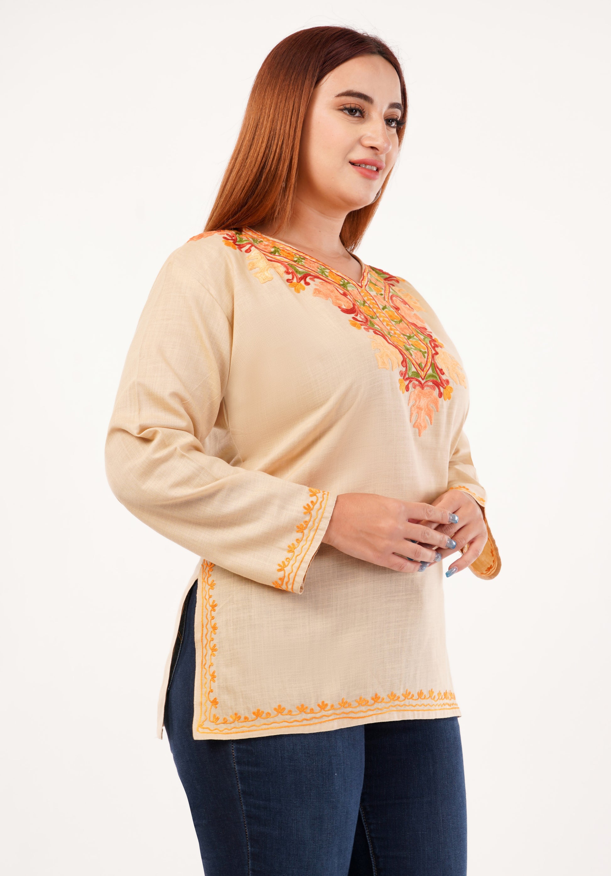 Kashmiri Aari embroidery Cotton Short Kurti Size-46 (Beige)