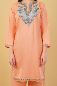 Kashmiri Aari embroidery Cotton Co-ord set Size-42 (Peach)
