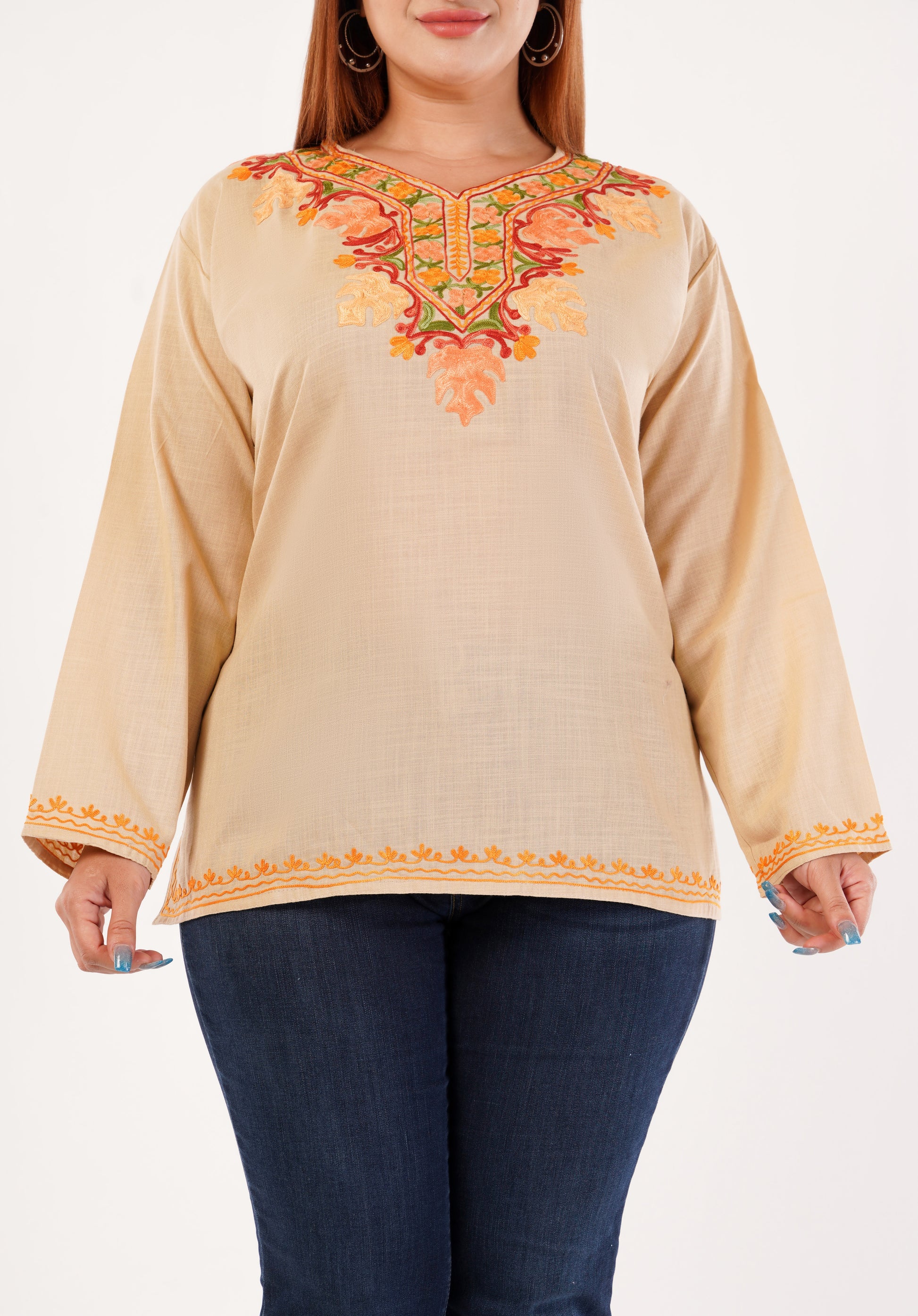 Kashmiri Aari embroidery Cotton Short Kurti Size-46 (Beige)