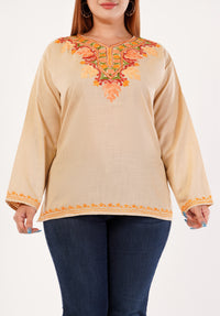 Kashmiri Aari embroidery Cotton Short Kurti Size-46 (Beige)