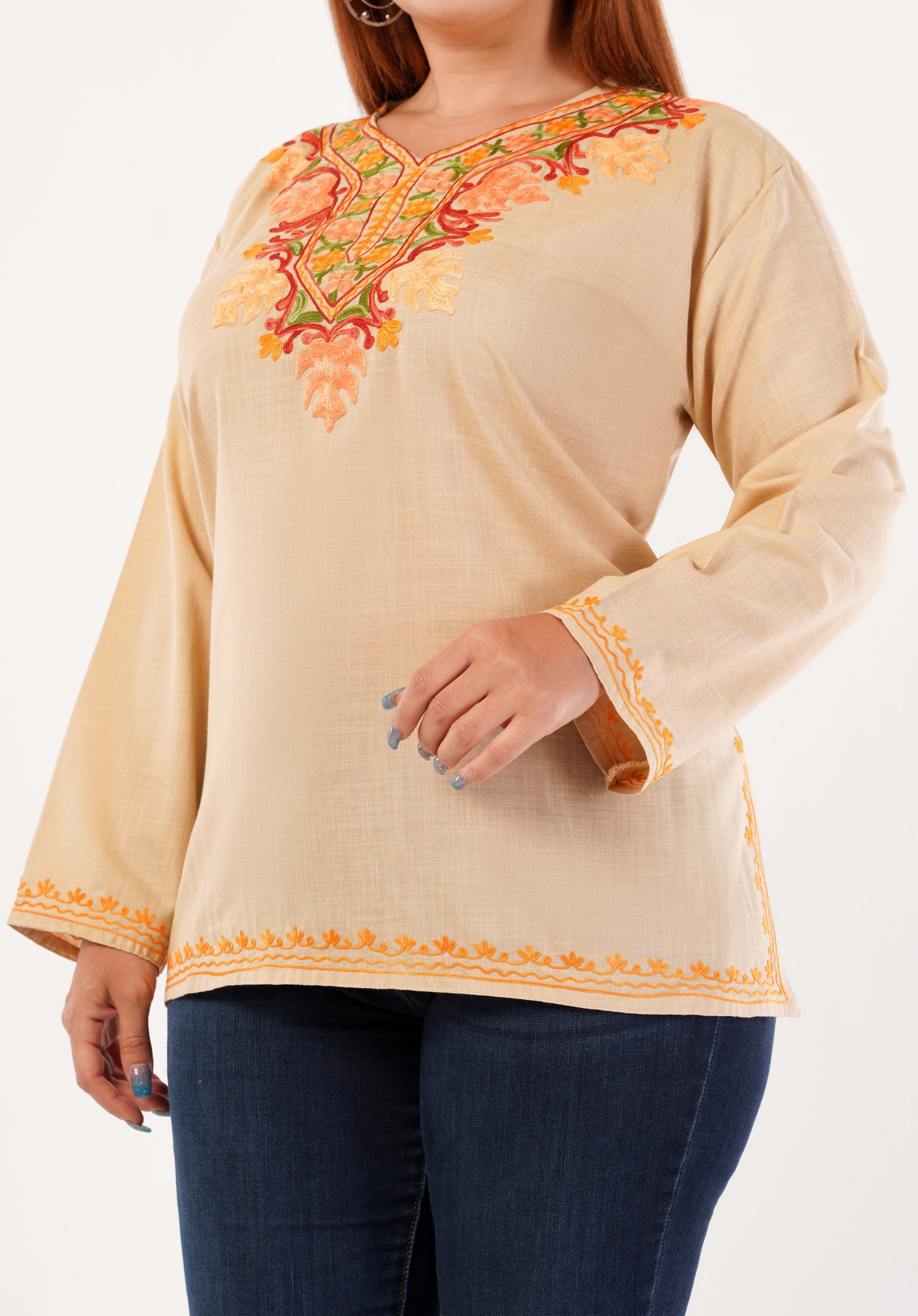 Kashmiri Aari embroidery Cotton Short Kurti Size-46 (Beige)