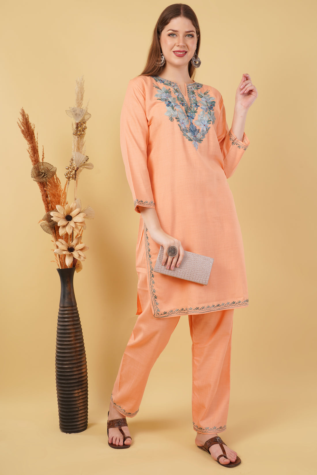 Kashmiri Aari embroidery Cotton Co-ord set Size-42 (Peach)