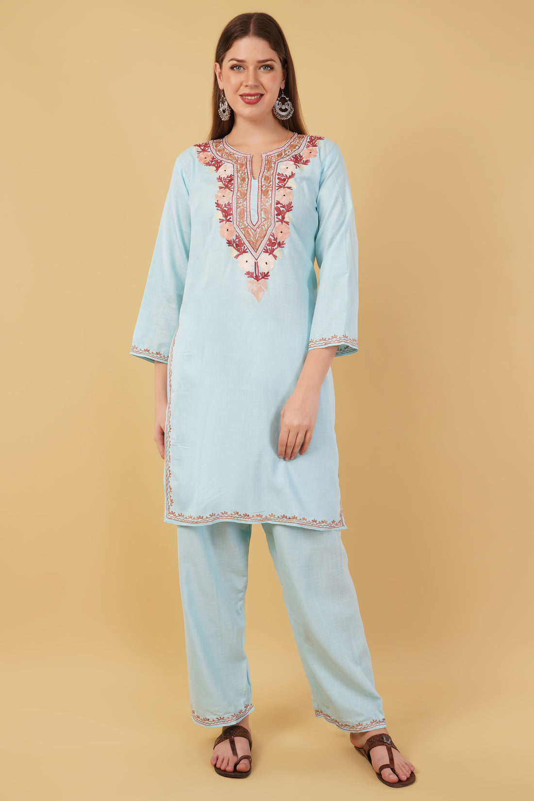Kashmiri Aari embroidery Cotton Co-ord set Size-42 (Sky Blue)