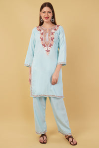 Kashmiri Aari embroidery Cotton Co-ord set Size-42 (Sky Blue)