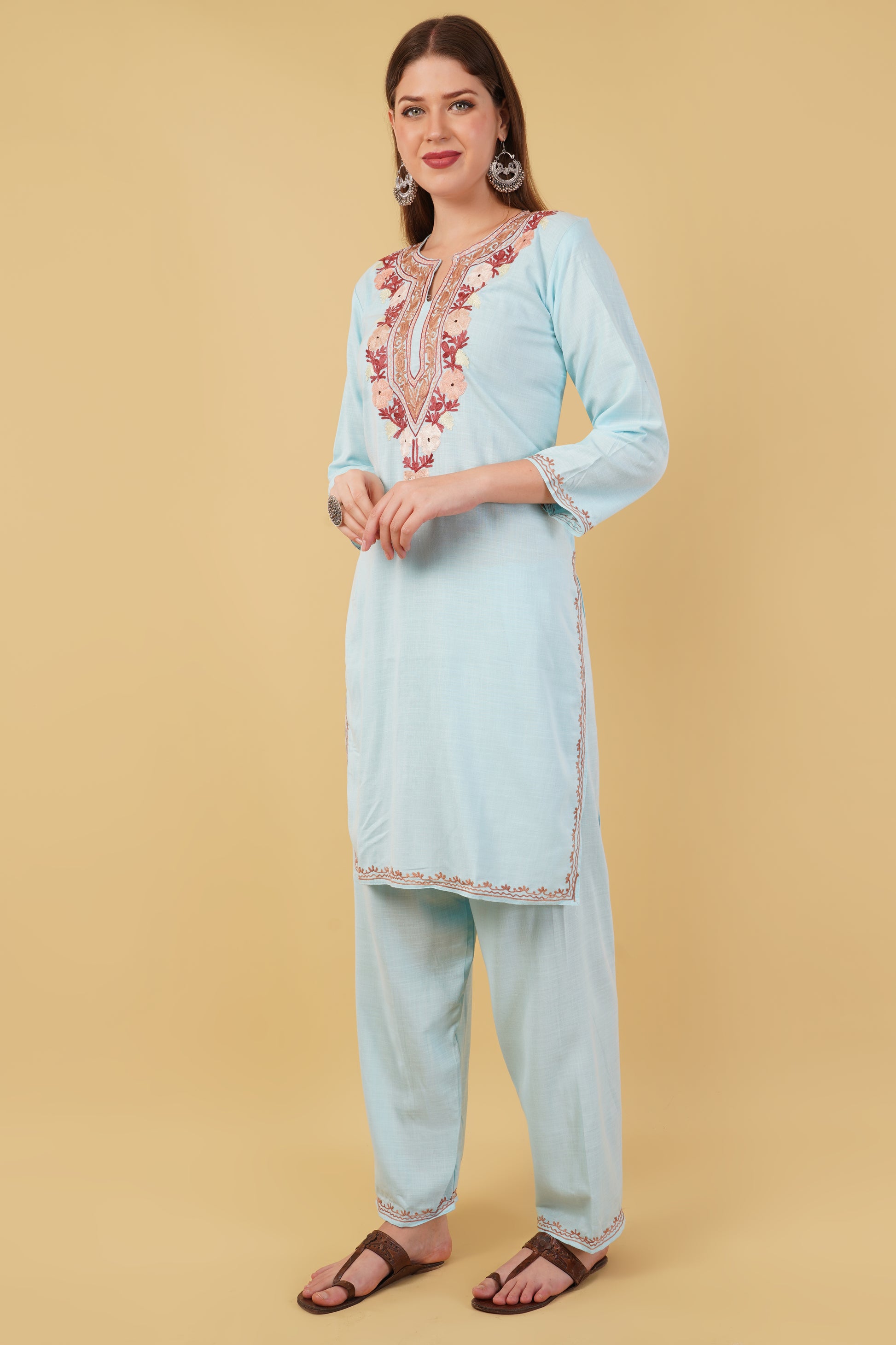 Kashmiri Aari embroidery Cotton Co-ord set Size-42 (Sky Blue)