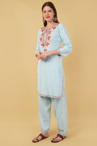 Kashmiri Aari embroidery Cotton Co-ord set Size-42 (Sky Blue)