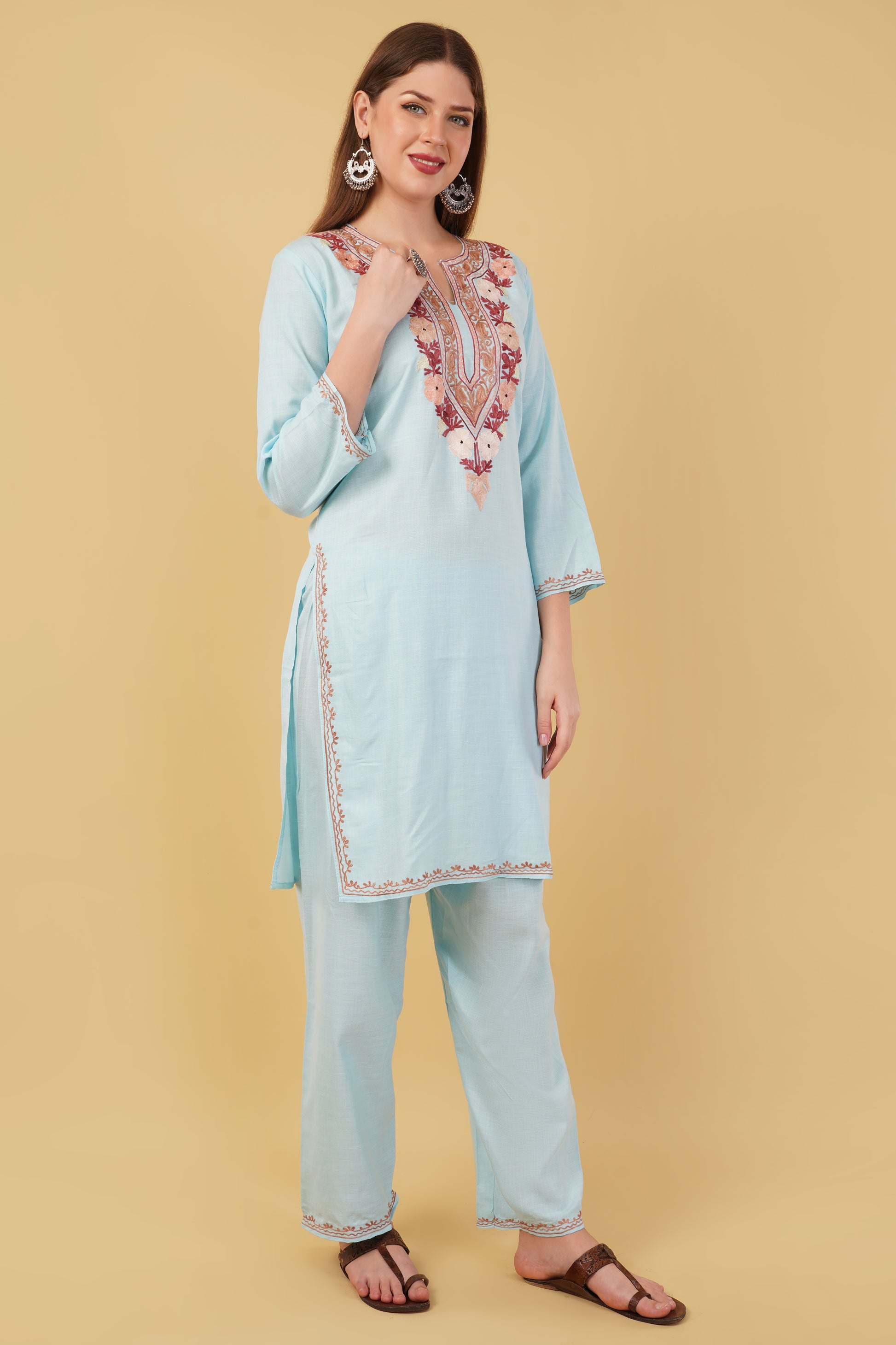 Kashmiri Aari embroidery Cotton Co-ord set Size-42 (Sky Blue)
