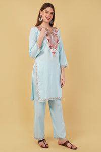 Kashmiri Aari embroidery Cotton Co-ord set Size-42 (Sky Blue)