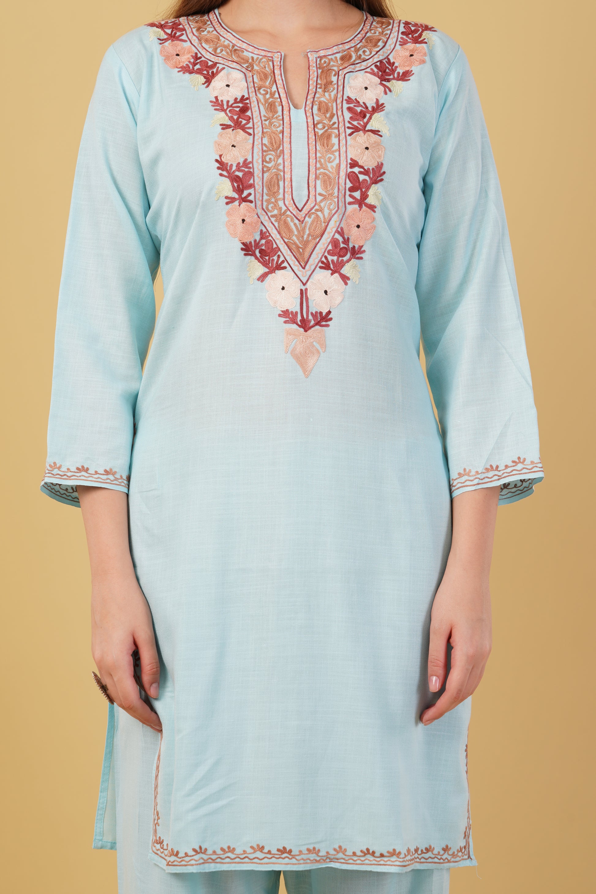 Kashmiri Aari embroidery Cotton Co-ord set Size-42 (Sky Blue)