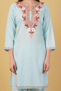Kashmiri Aari embroidery Cotton Co-ord set Size-42 (Sky Blue)