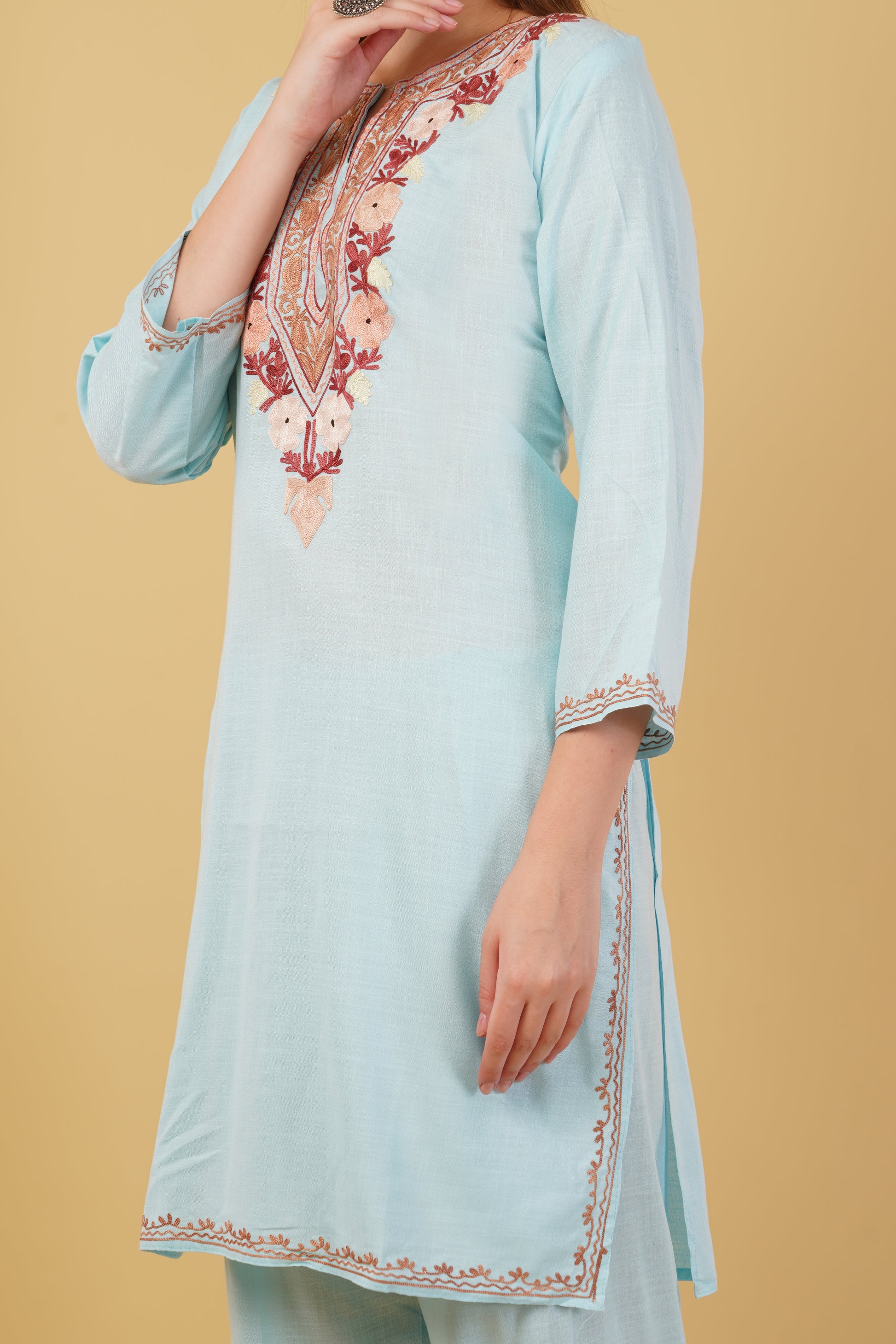 Kashmiri Aari embroidery Cotton Co-ord set Size-42 (Sky Blue)