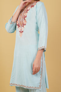 Kashmiri Aari embroidery Cotton Co-ord set Size-42 (Sky Blue)