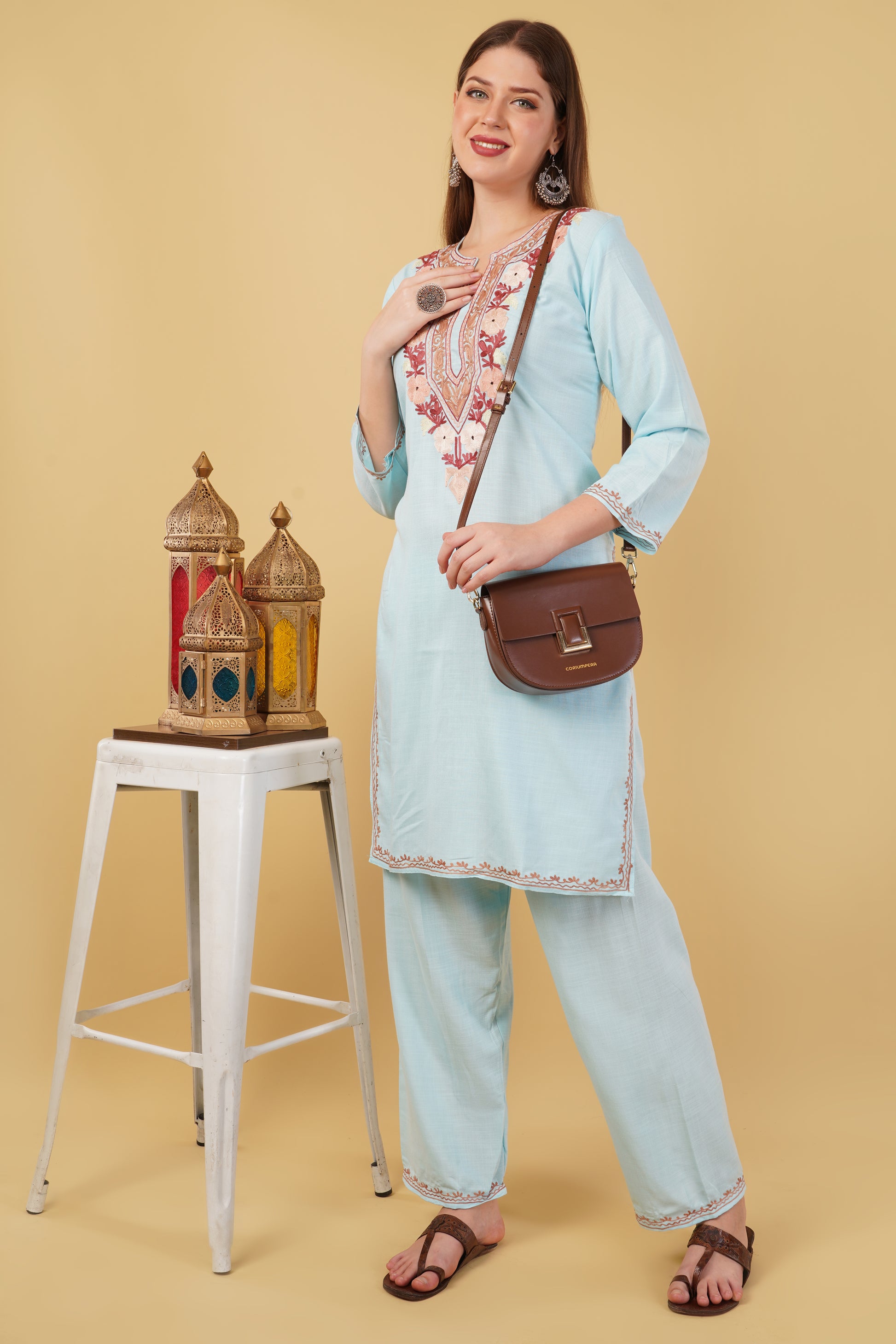 Kashmiri Aari embroidery Cotton Co-ord set Size-42 (Sky Blue)