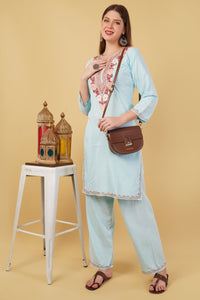 Kashmiri Aari embroidery Cotton Co-ord set Size-42 (Sky Blue)