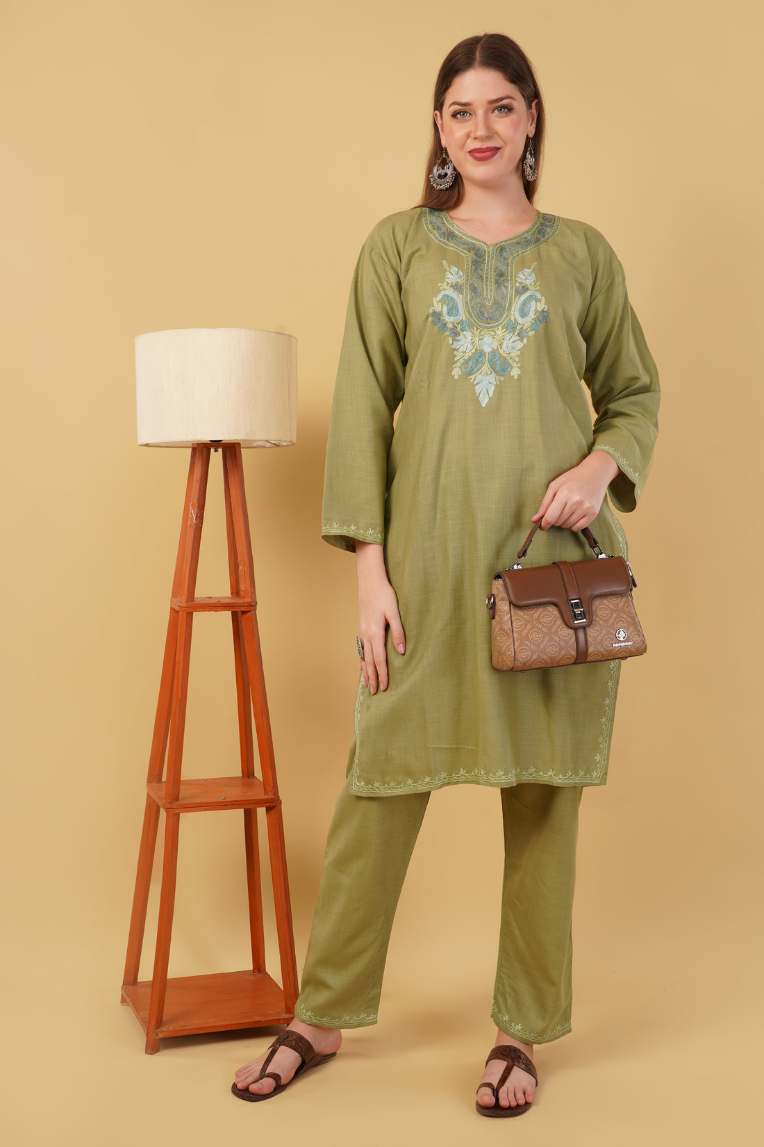 Kashmiri Aari embroidery Cotton Co-ord set Size-42 (Green)