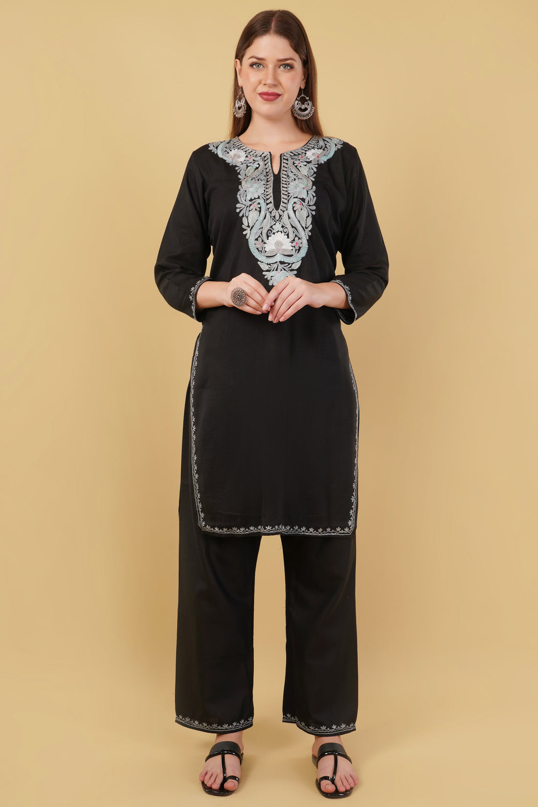 Kashmiri Aari embroidery Cotton Co-ord set Size-42 (Black)