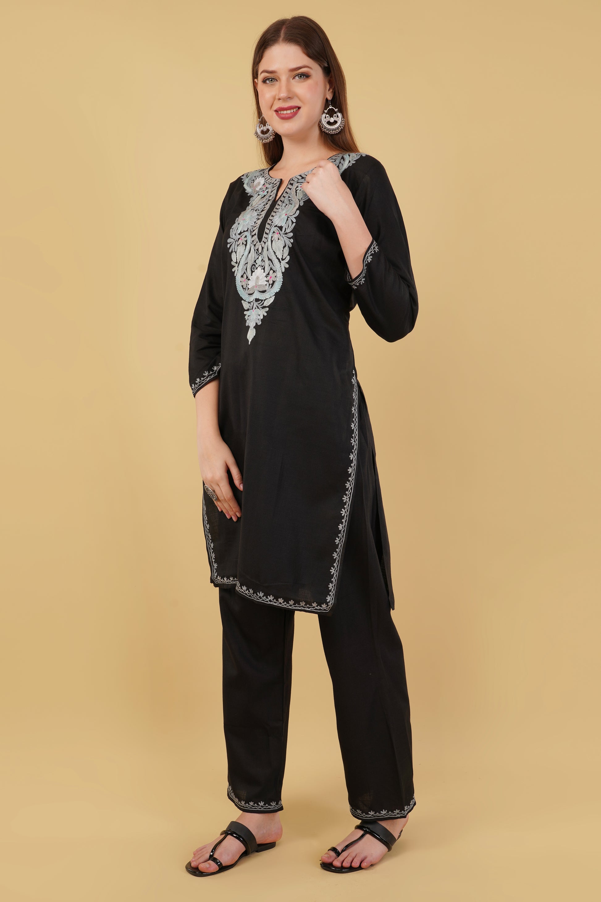 Kashmiri Aari embroidery Cotton Co-ord set Size-42 (Black)