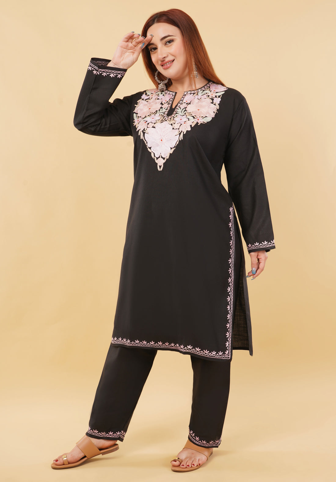 Kashmiri Aari embroidery Cotton Co-ord set Size-46 (Black)