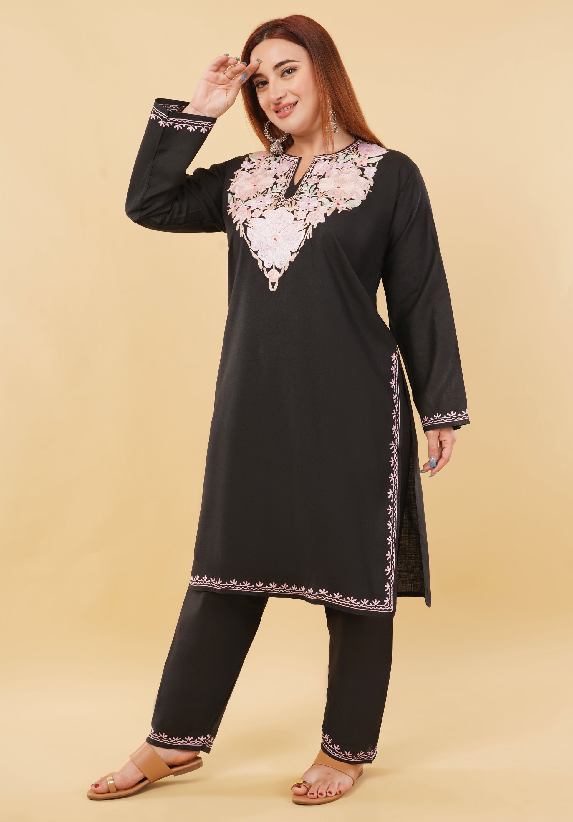 Kashmiri Aari embroidery Cotton Co-ord set Size-46 (Black)