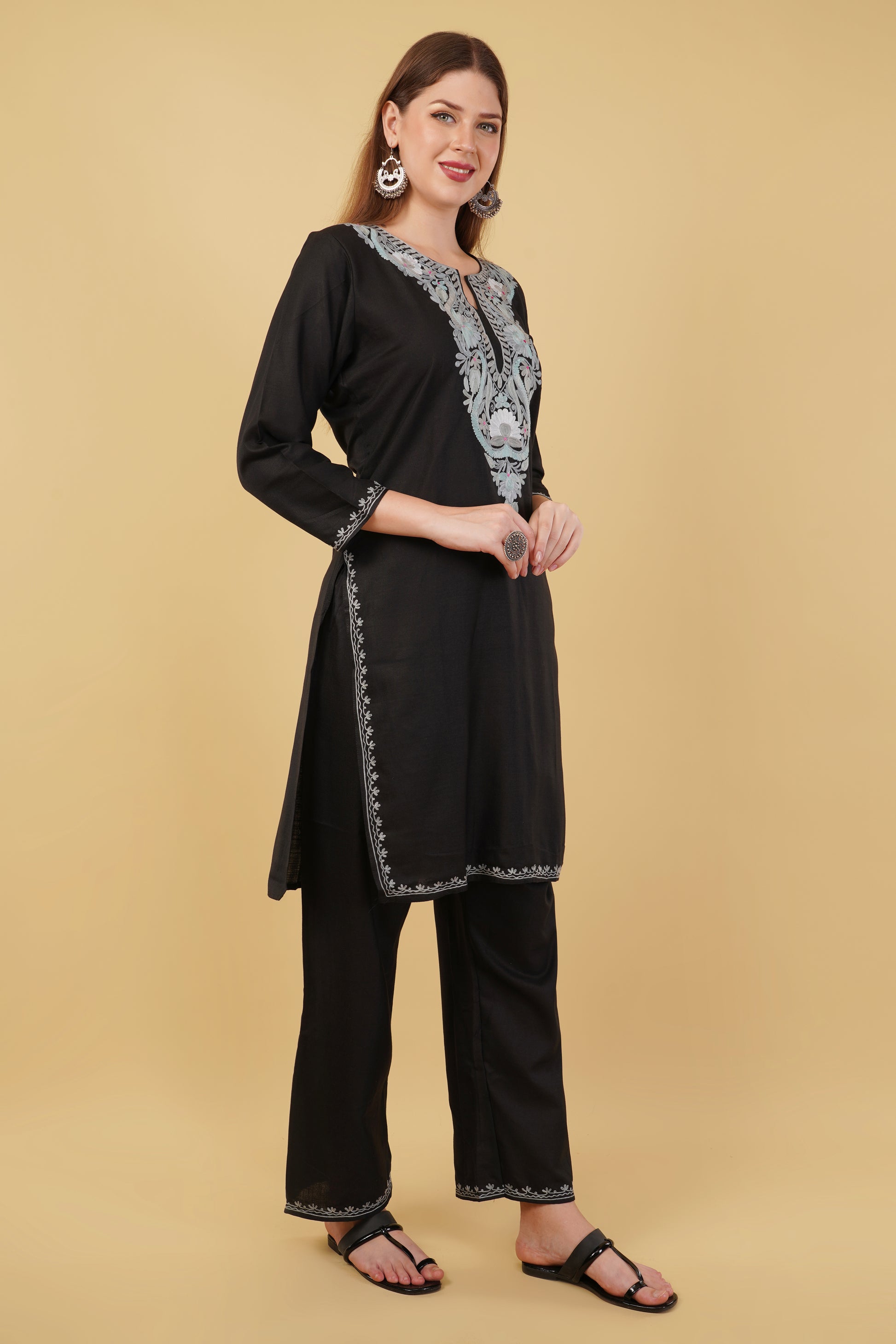 Kashmiri Aari embroidery Cotton Co-ord set Size-42 (Black)
