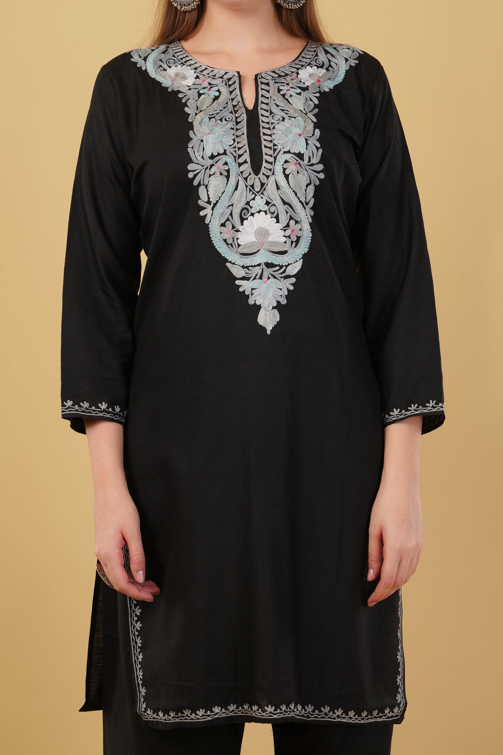 Kashmiri Aari embroidery Cotton Co-ord set Size-42 (Black)