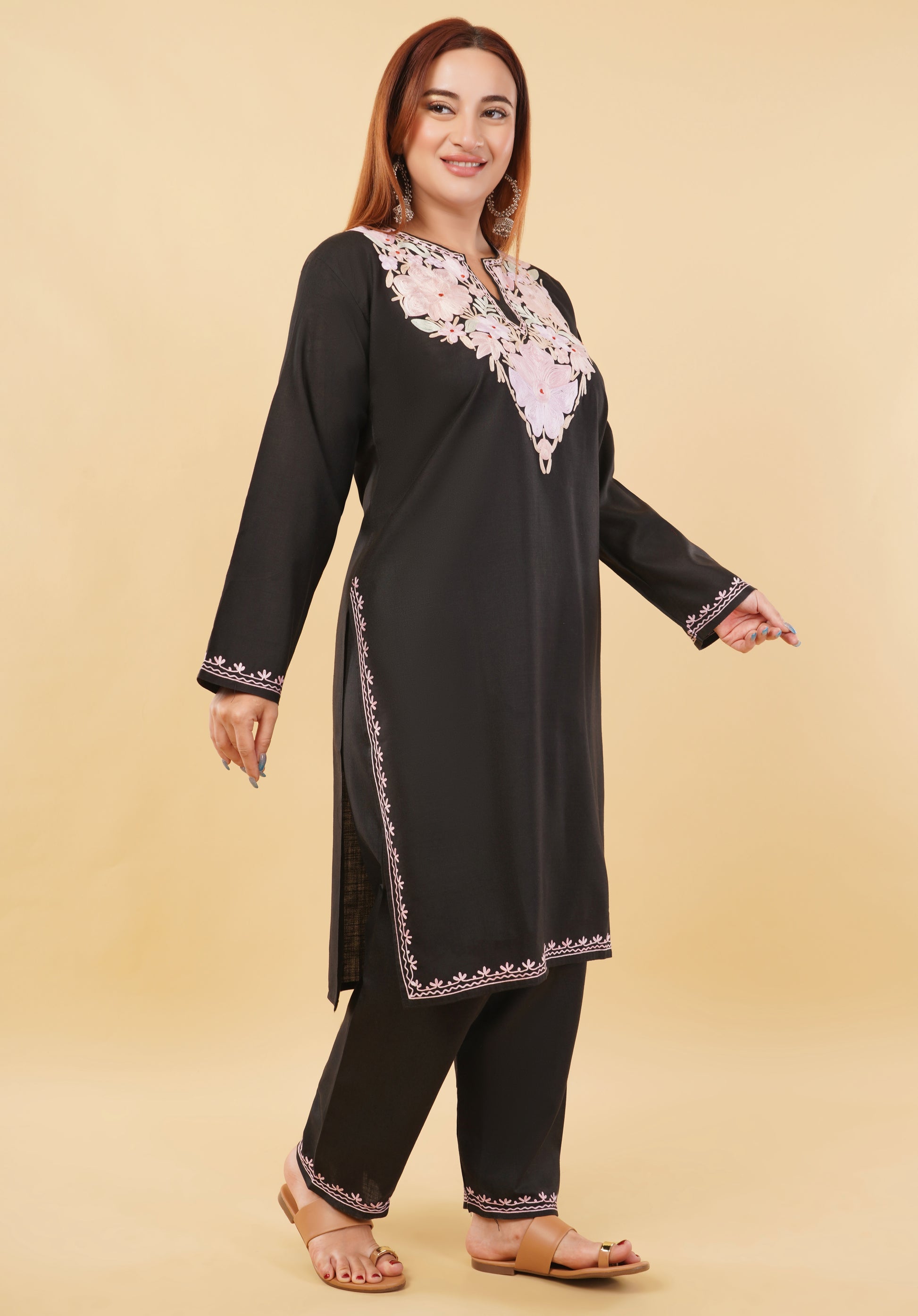 Kashmiri Aari embroidery Cotton Co-ord set Size-46 (Black)