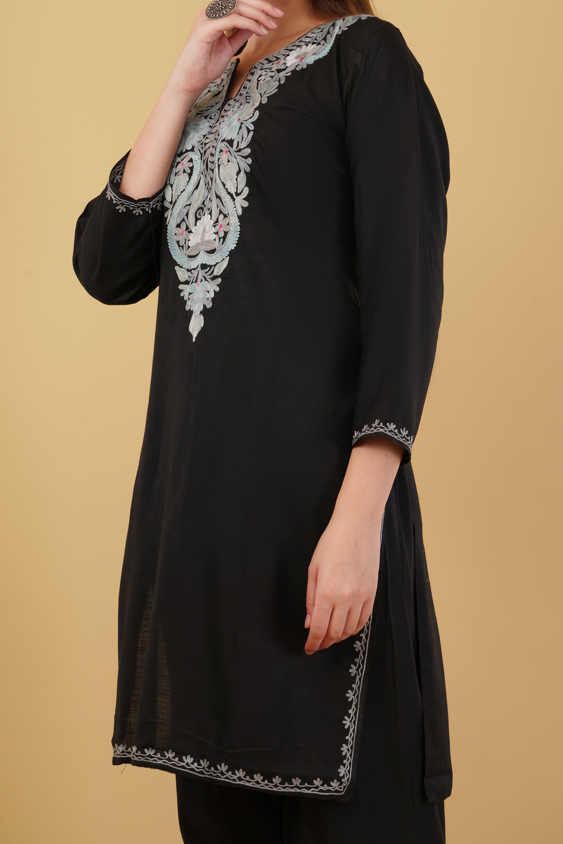 Kashmiri Aari embroidery Cotton Co-ord set Size-42 (Black)