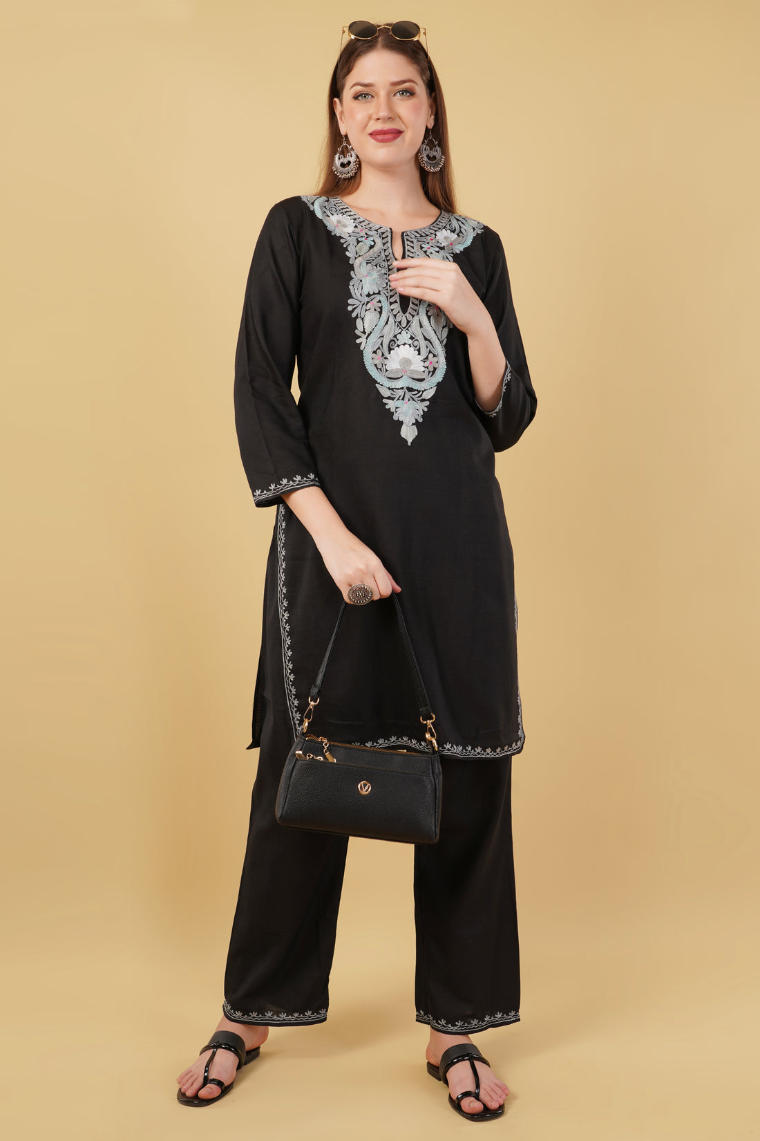 Kashmiri Aari embroidery Cotton Co-ord set Size-42 (Black)