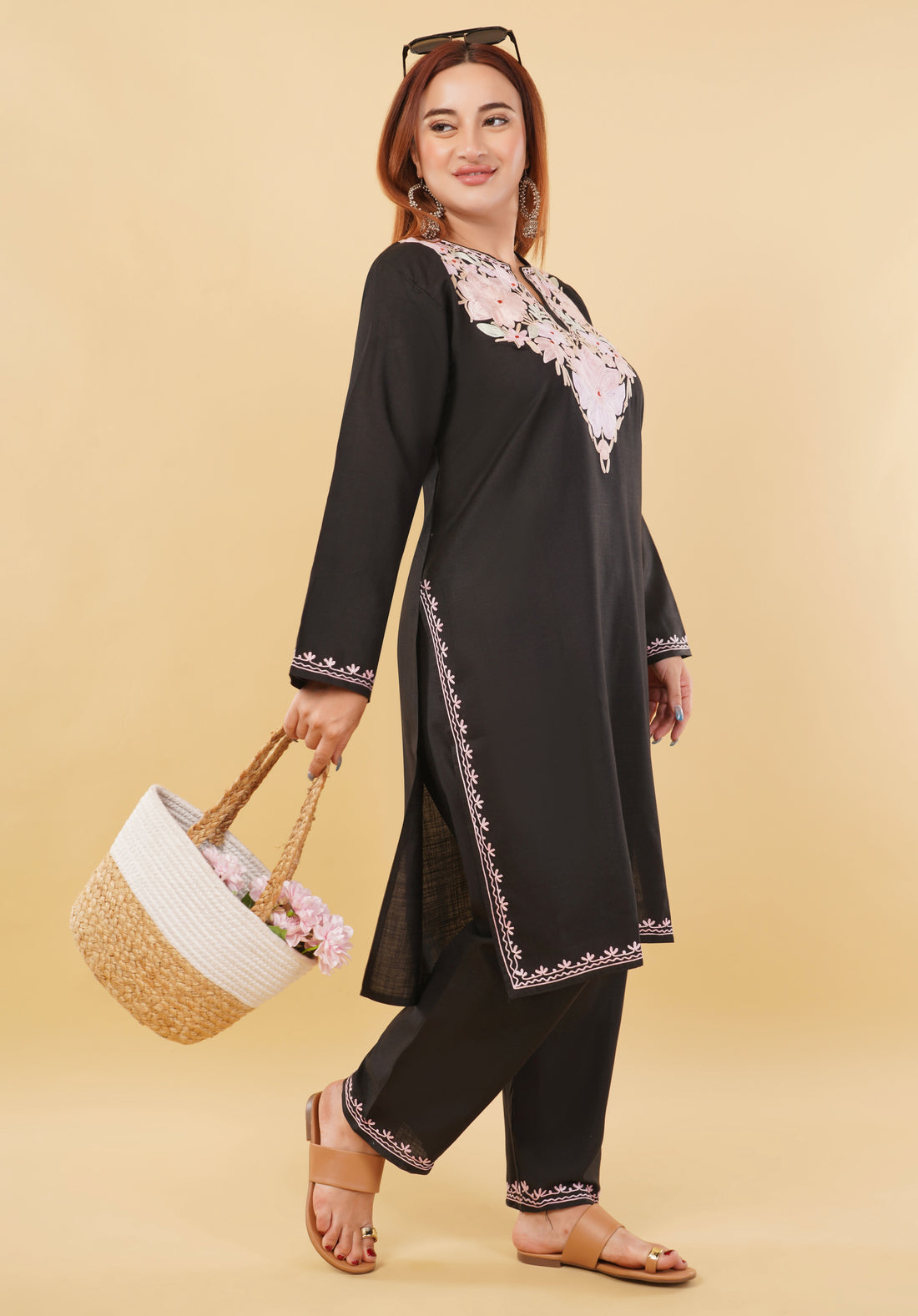 Kashmiri Aari embroidery Cotton Co-ord set Size-46 (Black)