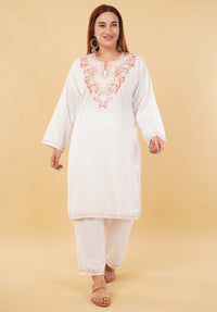Kashmiri Aari embroidery Cotton Co-ord set Size-46 (White)