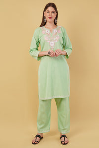 Kashmiri Aari embroidery Cotton Co-ord set Size-42 (Green)