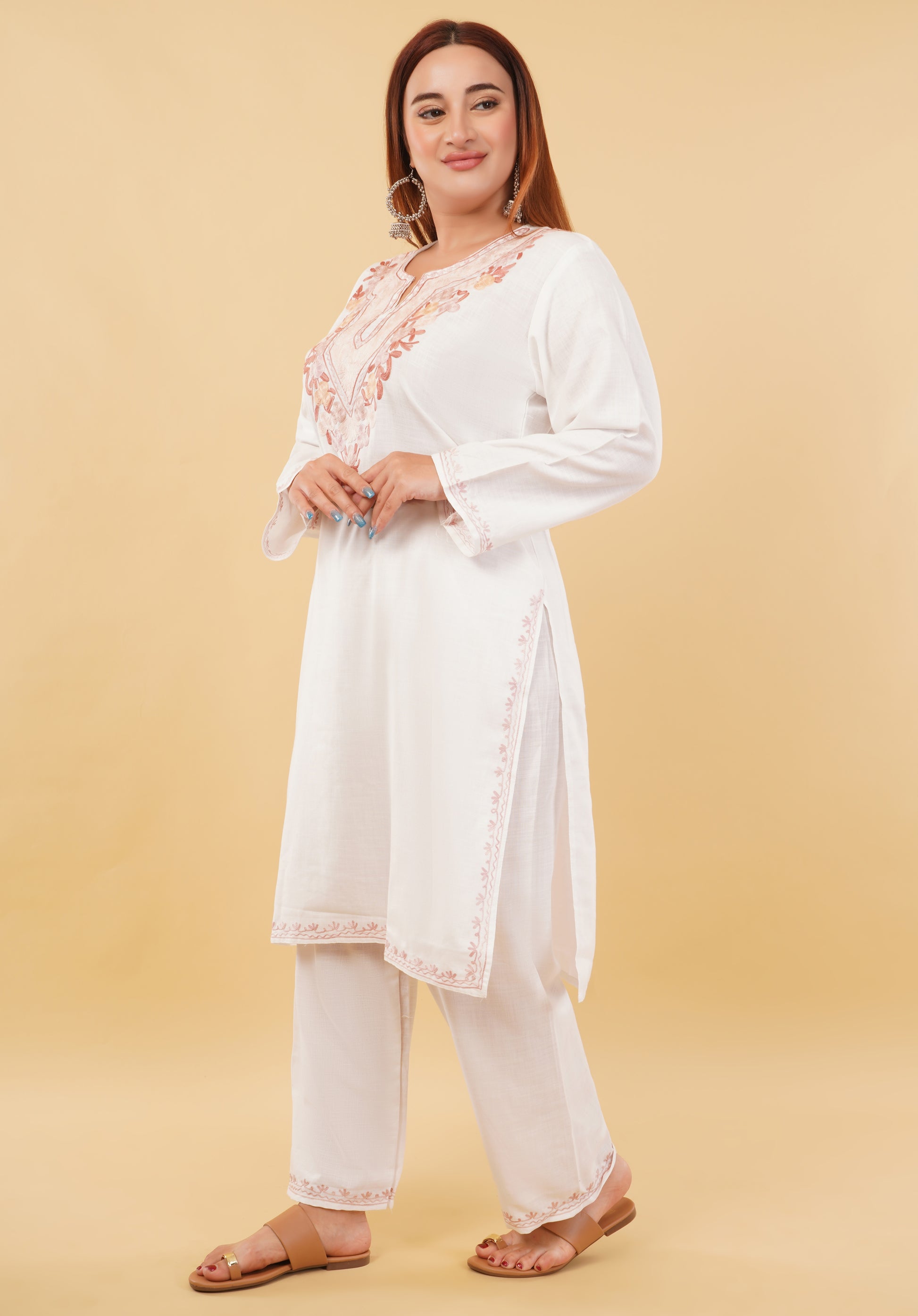 Kashmiri Aari embroidery Cotton Co-ord set Size-46 (White)
