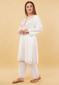 Kashmiri Aari embroidery Cotton Co-ord set Size-46 (White)